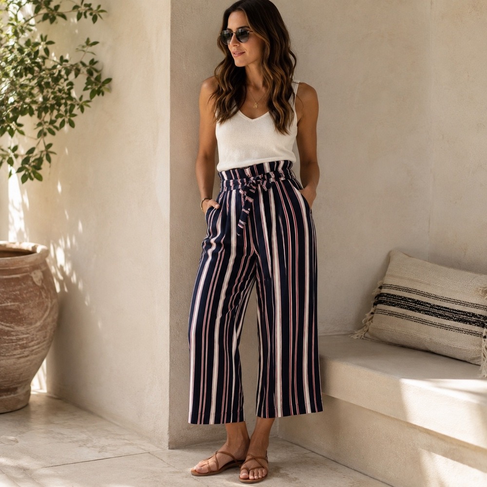 Zara Trafaluc Striped Paperbag Waist Wide Leg Cropped Pants Size S - Picture 1 of 7